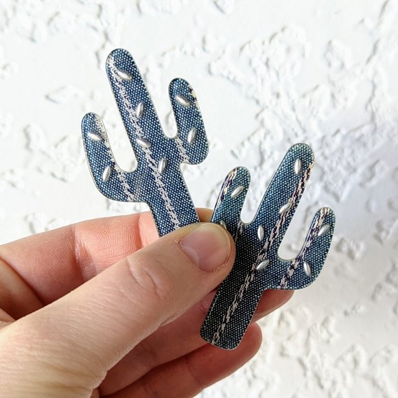 Vintage Jewelry - Vintage Handmade Blue Denim Resin Cactus Post Earrings